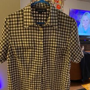 Women’s vintage, short sleeve, button down, shirt, brown /white. 1x 23in pit-pit